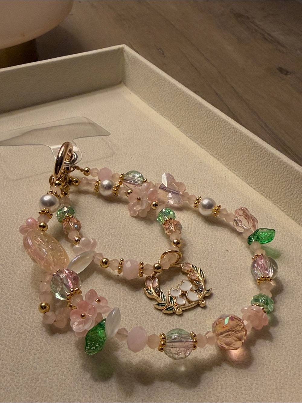 Gold-Tone Pink & Green Beaded Purse charm Single Hook Gold Hardware